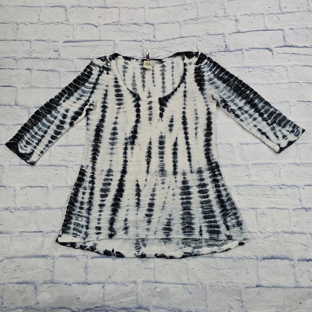 XCVI Knit Top Womens S Black White Tie Dye 3/4 Sleeve Scoop Neck Boho Terry